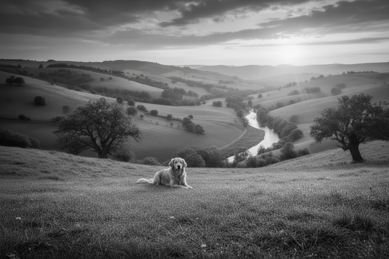 Dog further back in scenic black and white landscape